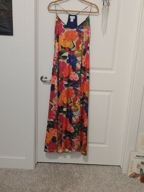 Nicole Miller Vibrant Floral Maxi Slip Dress in Orange, Pink & Blue